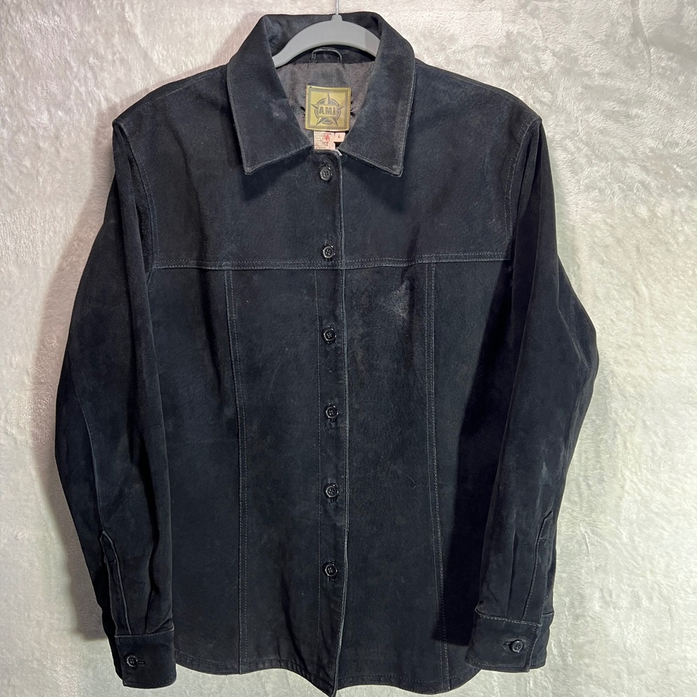 AMI Black Suede Leather‎ Shirt Jacket Womens L Western Chic Rodeo Cowgirl